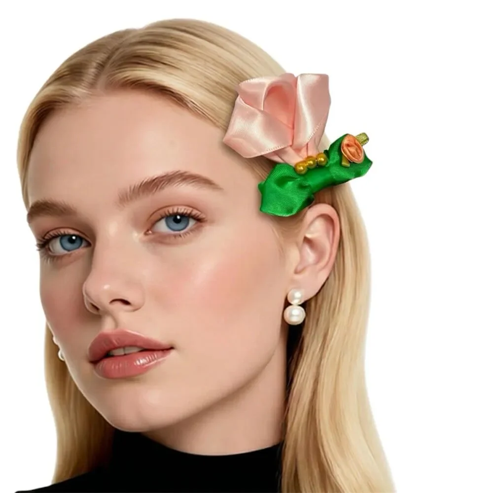 Handmade Satin Rose Hair Clip Pink Flower Green Bow Romantic Cottagecore 2.5 In